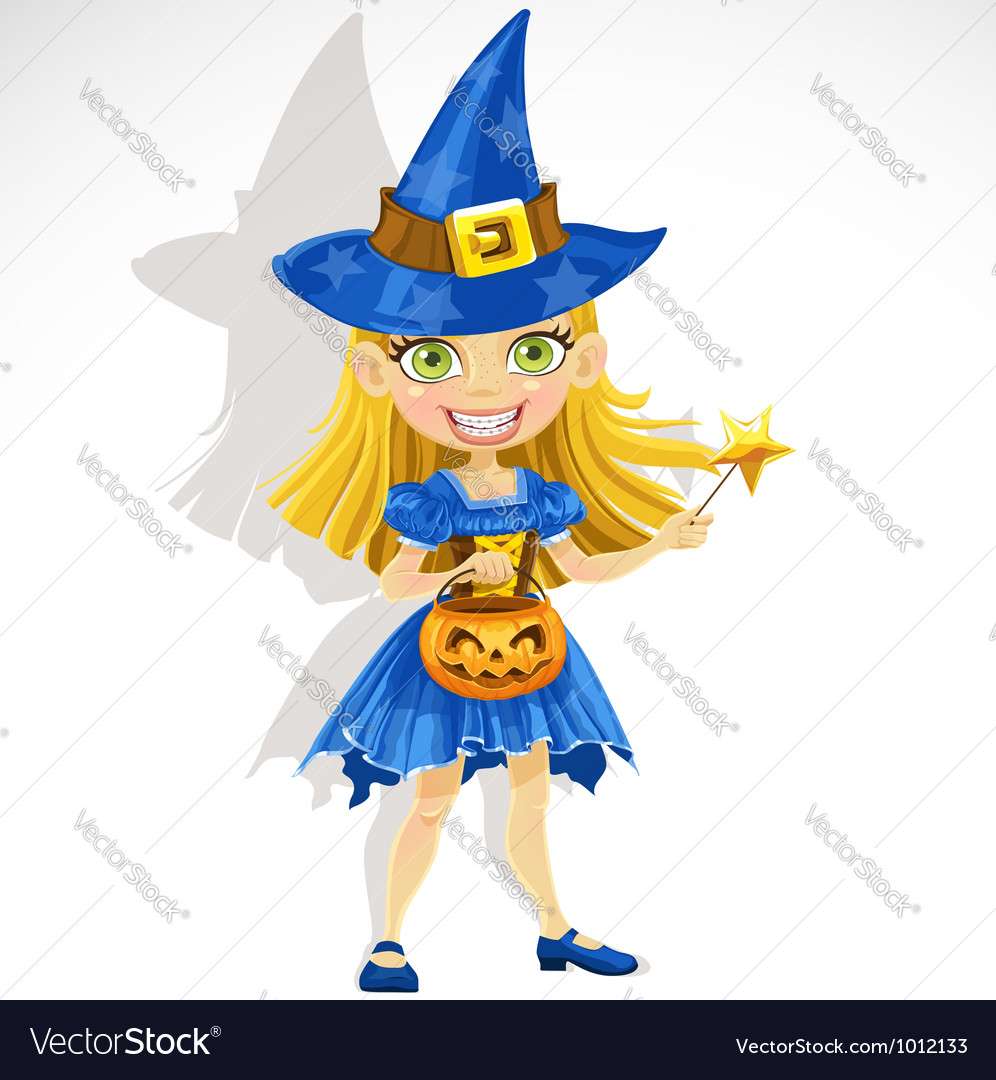 Cute little girl dressed as a witch trick or treat puzzle online