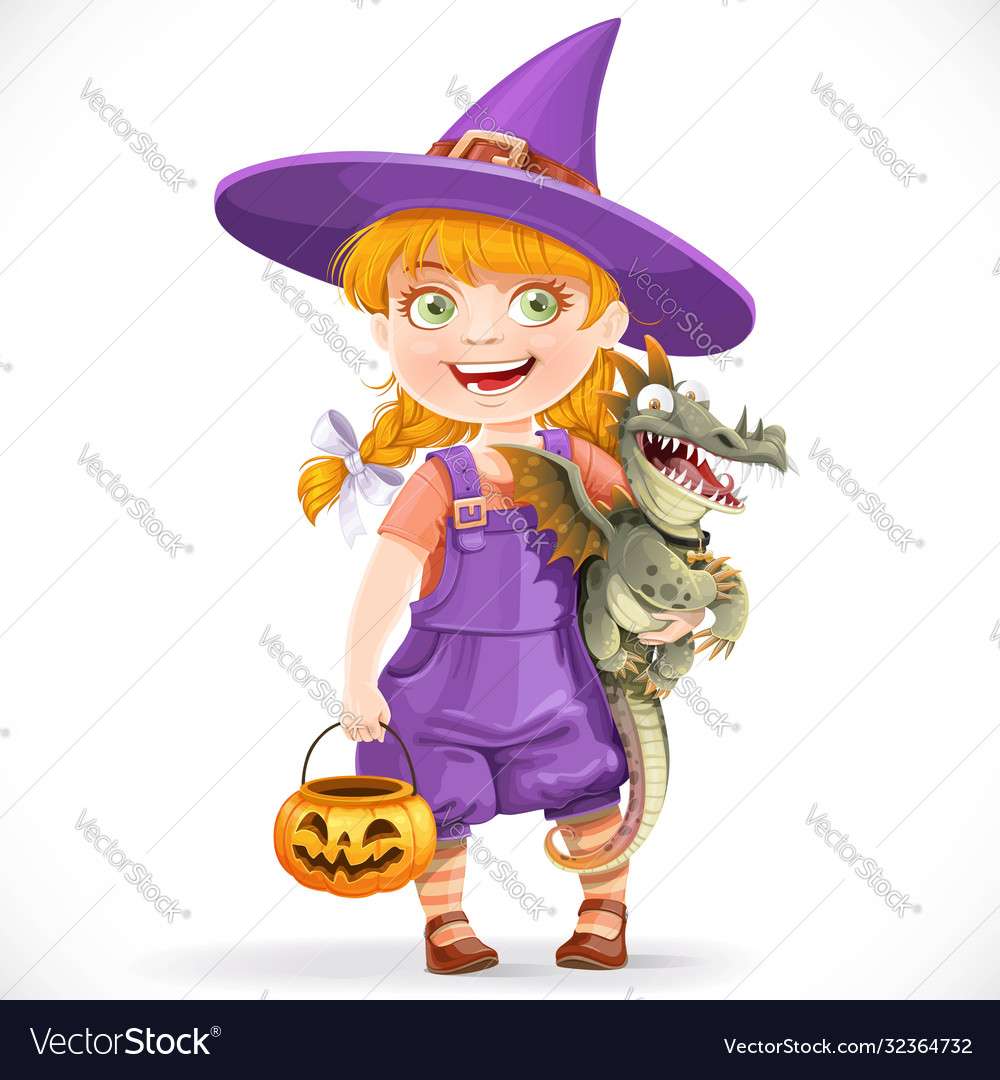 Cute little witch with a dragon under his arm vect puzzle online