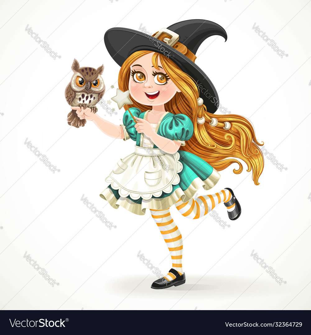Cute little girl dressed as witch with a owl vecto puzzle online