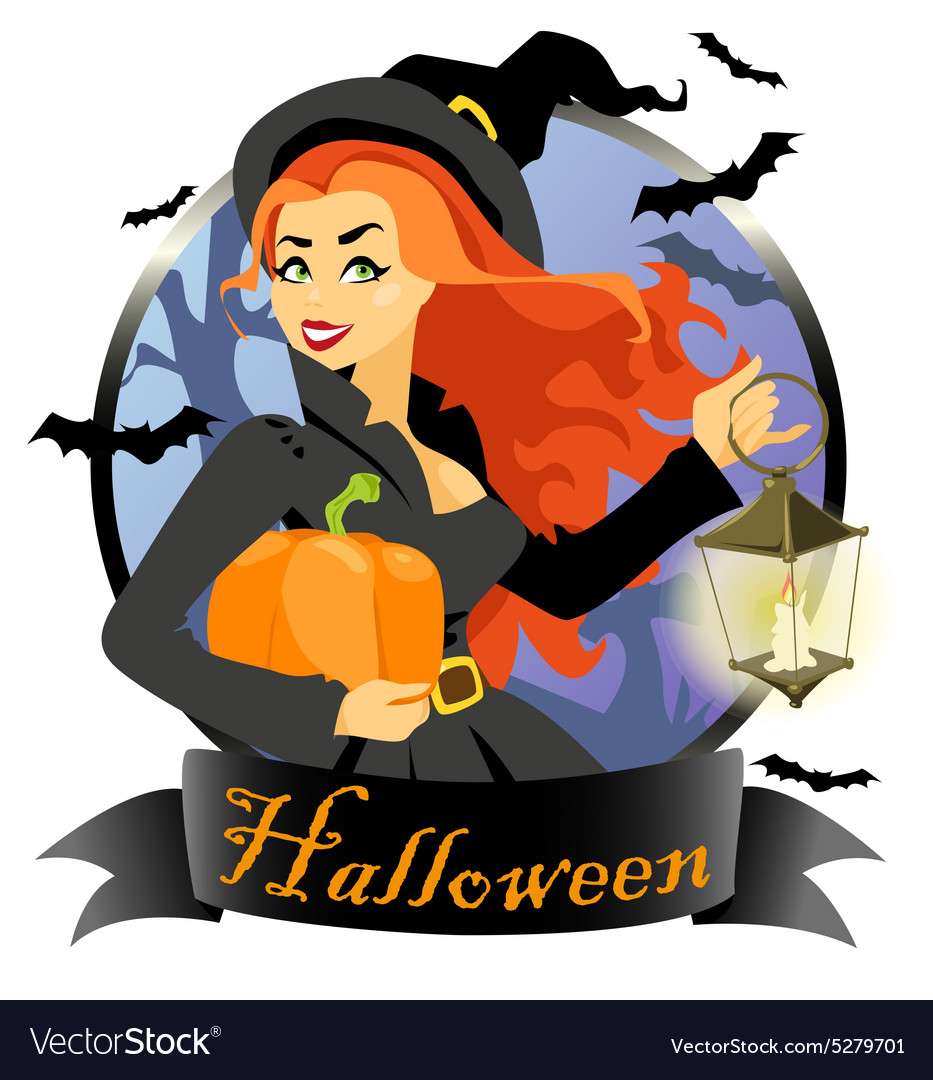 Witch with pumpkin and lantern vector image puzzle online