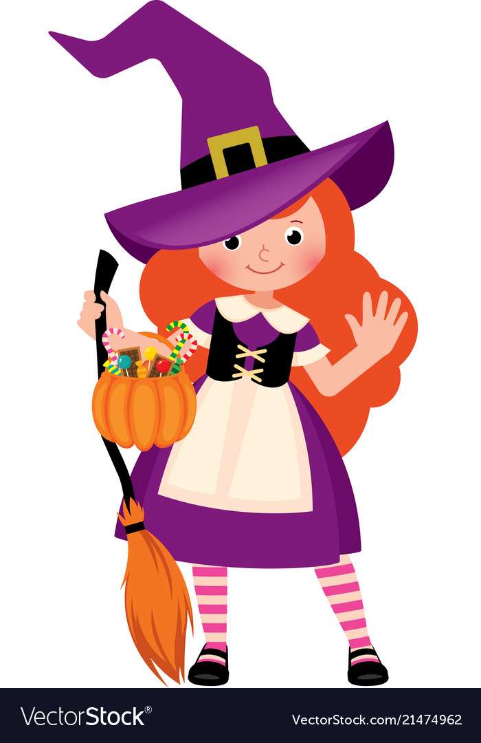 Little cute girl in halloween witch costume Vector puzzle online