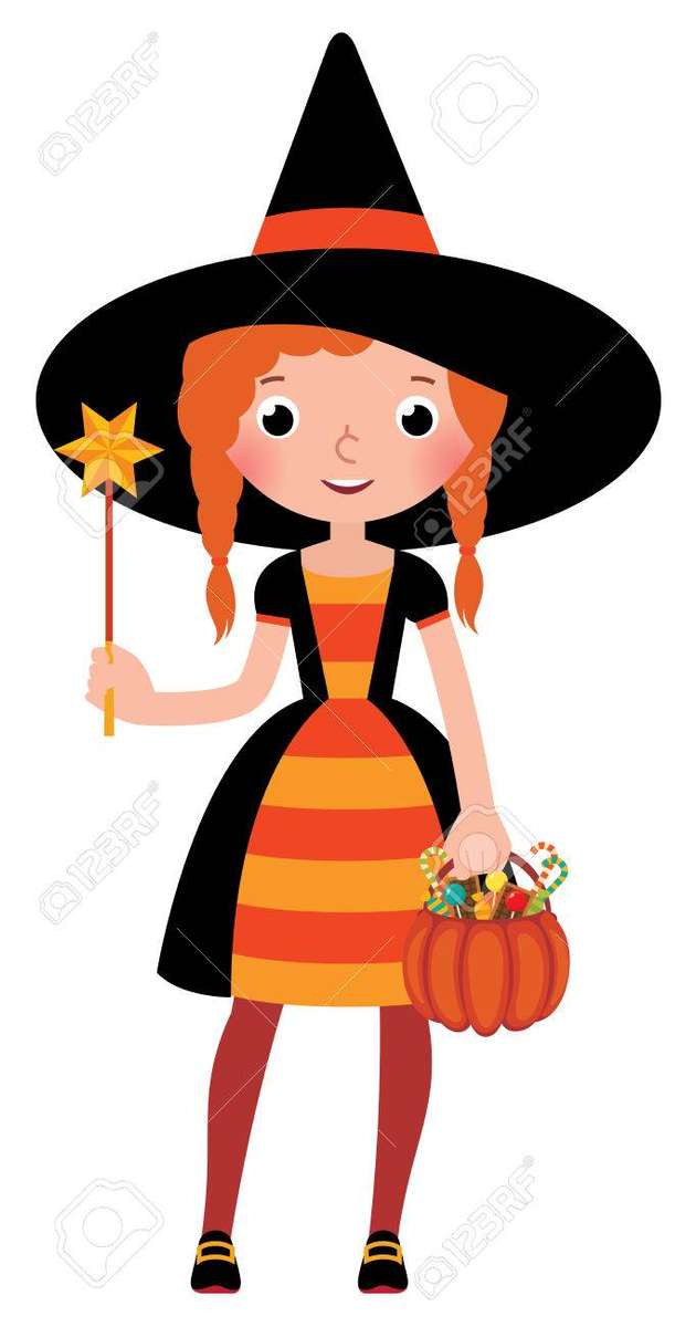 Girl In Costume Halloween Witch With A Magic Wand puzzle online