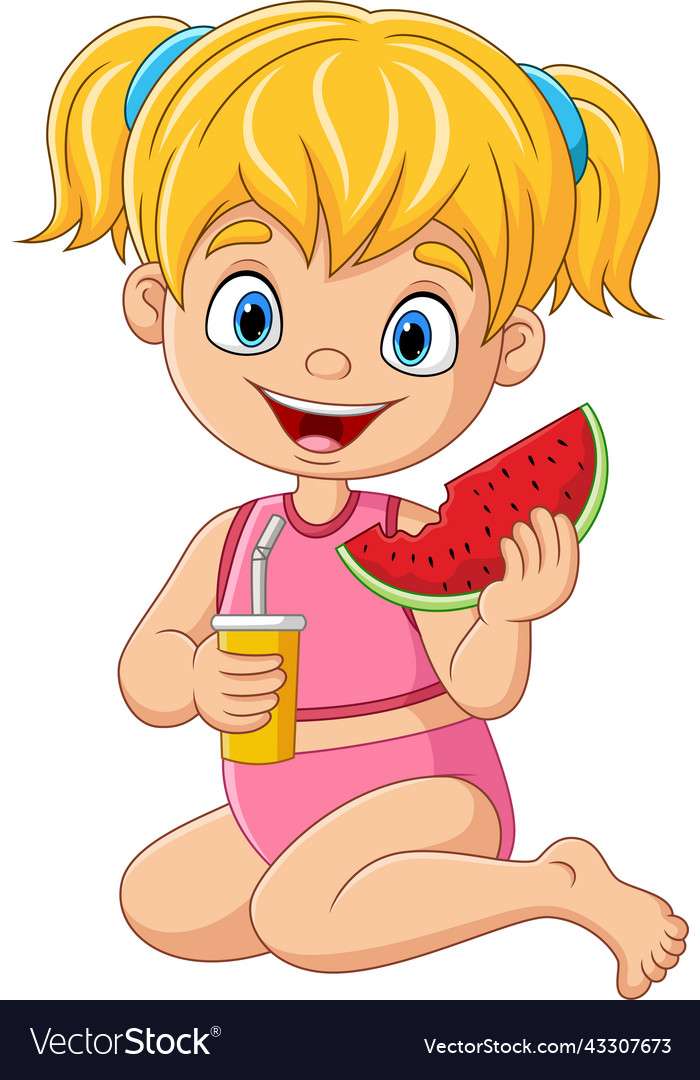 Cartoon little girl holding watermelon with drink puzzle online