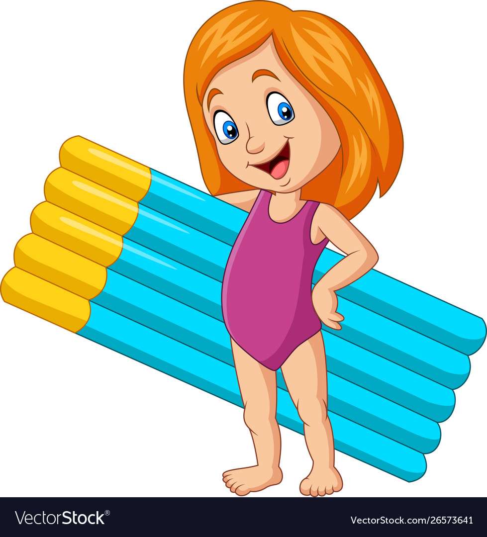 Cartoon girl in a swimsuit holding mattress vector puzzle online