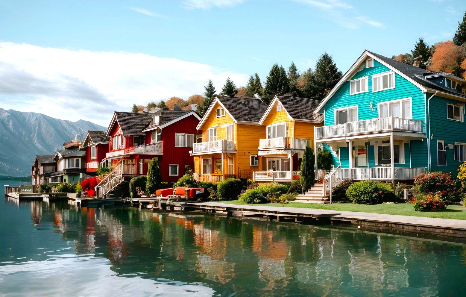 Urocze, kolorowe domki nad jeziorem puzzle online