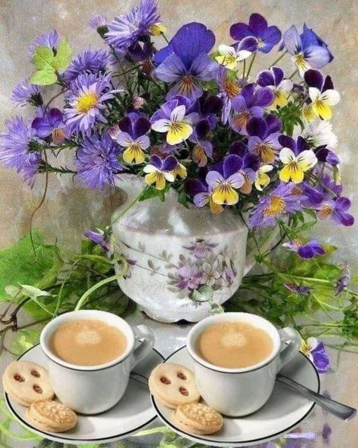 kwiaty i kawa w filiżankach puzzle online