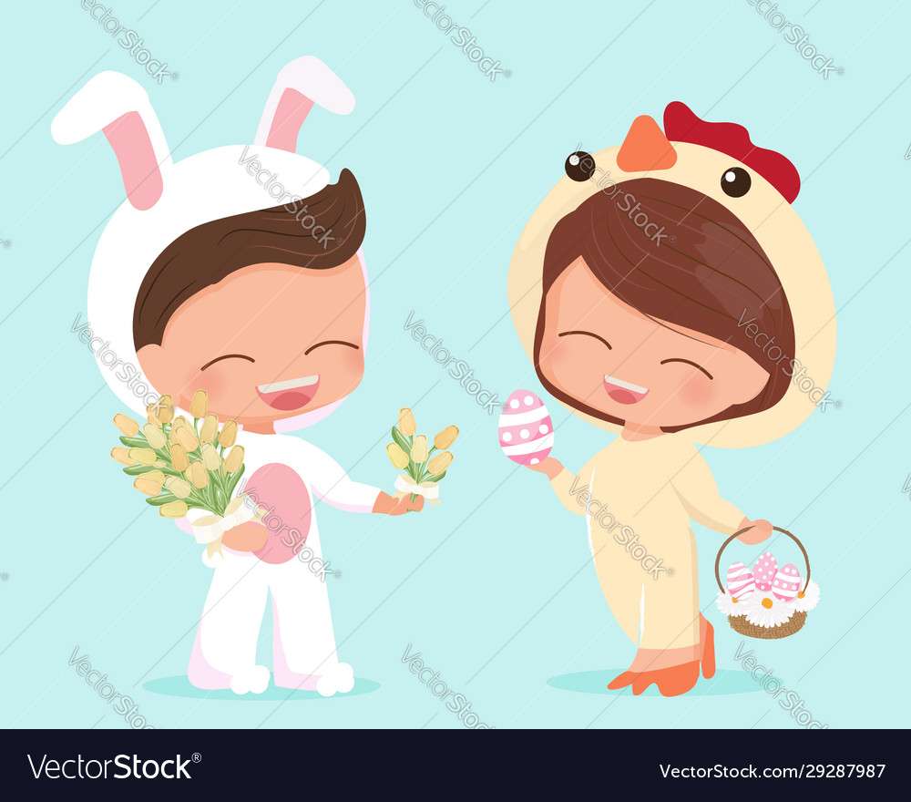 Cute happy flat style young couple in easter vecto puzzle online