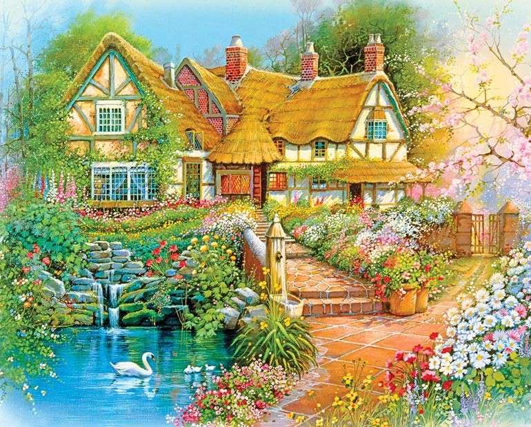 Dom wśród kwiatów na wiosnę puzzle online