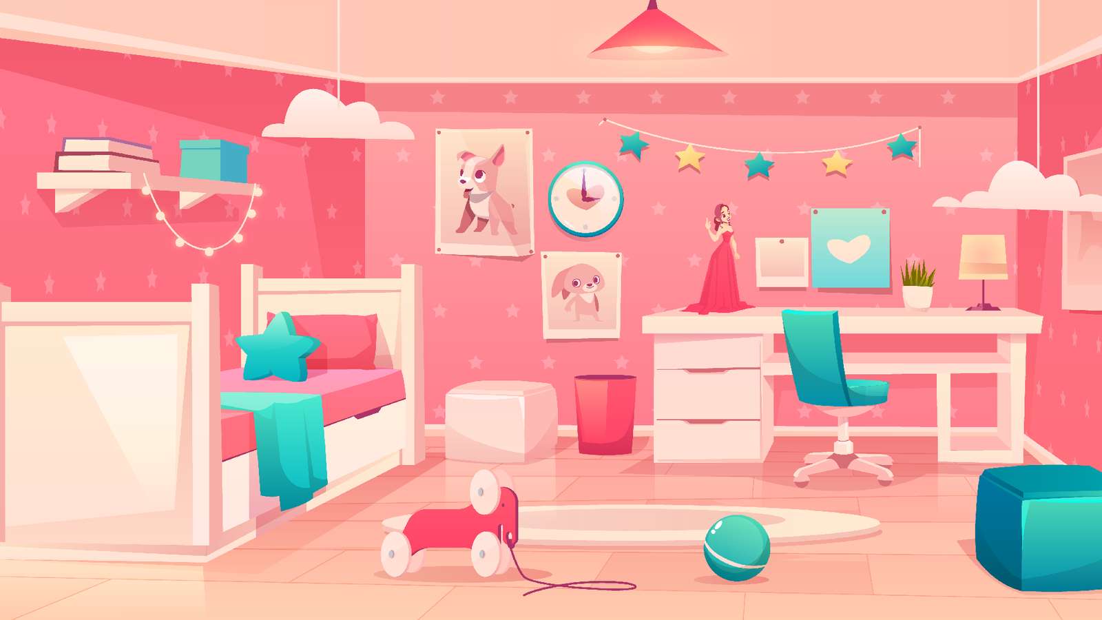 Kreskówka przytulne wnętrze sypialni małej dziewczynki puzzle online