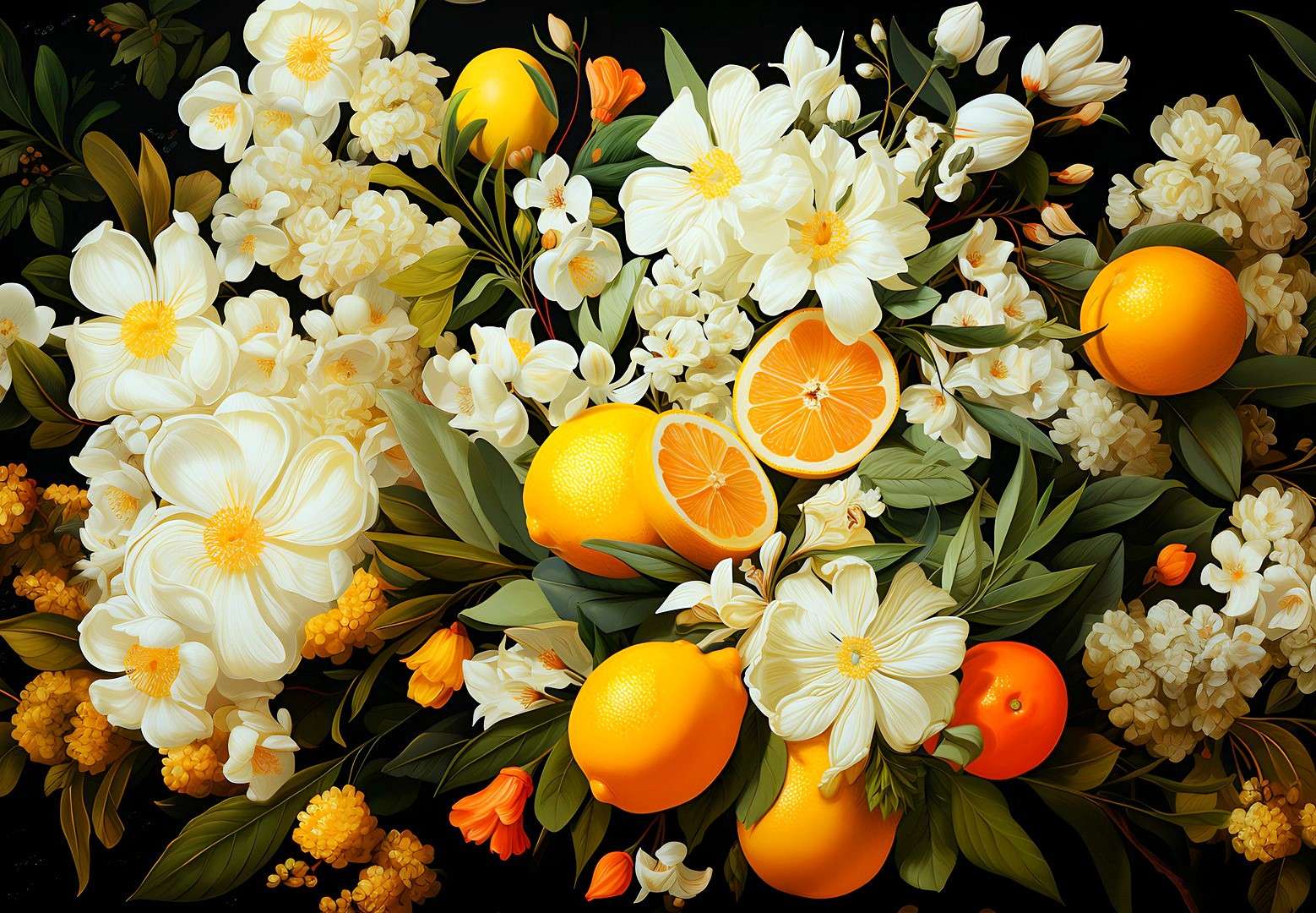Kwiaty, cytryny, pomarańcze puzzle online