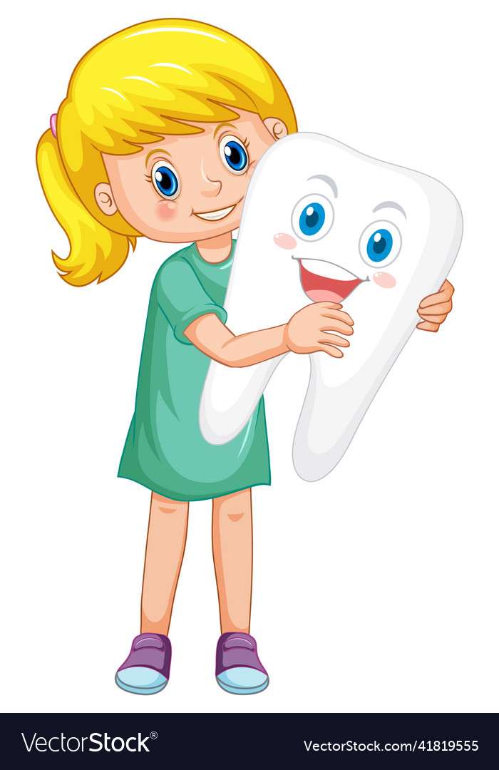 Happy kid holding a big tooth on white background puzzle online