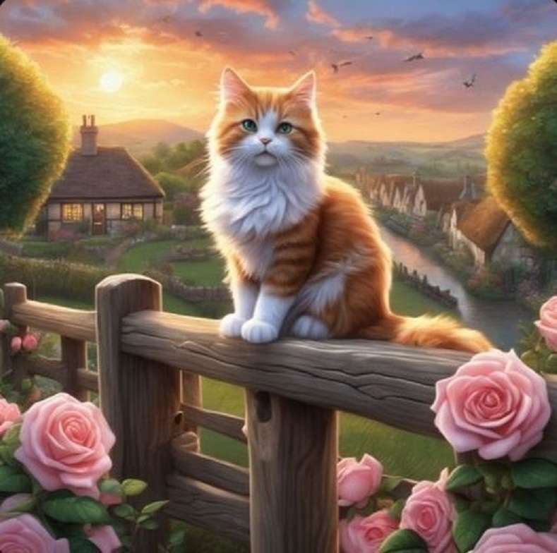 Słodki kotek o zachodzie słońca puzzle online