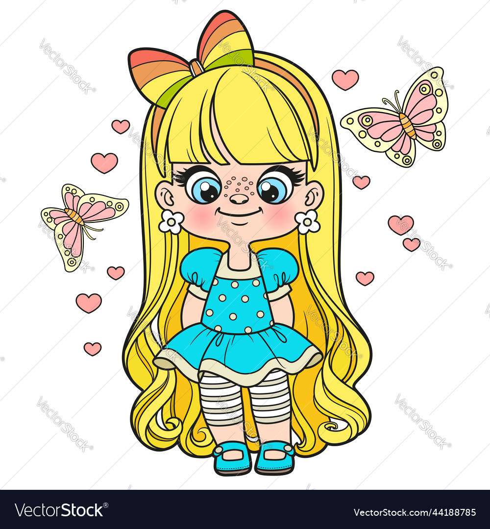 Cute cartoon long haired girl in lush dress color puzzle online