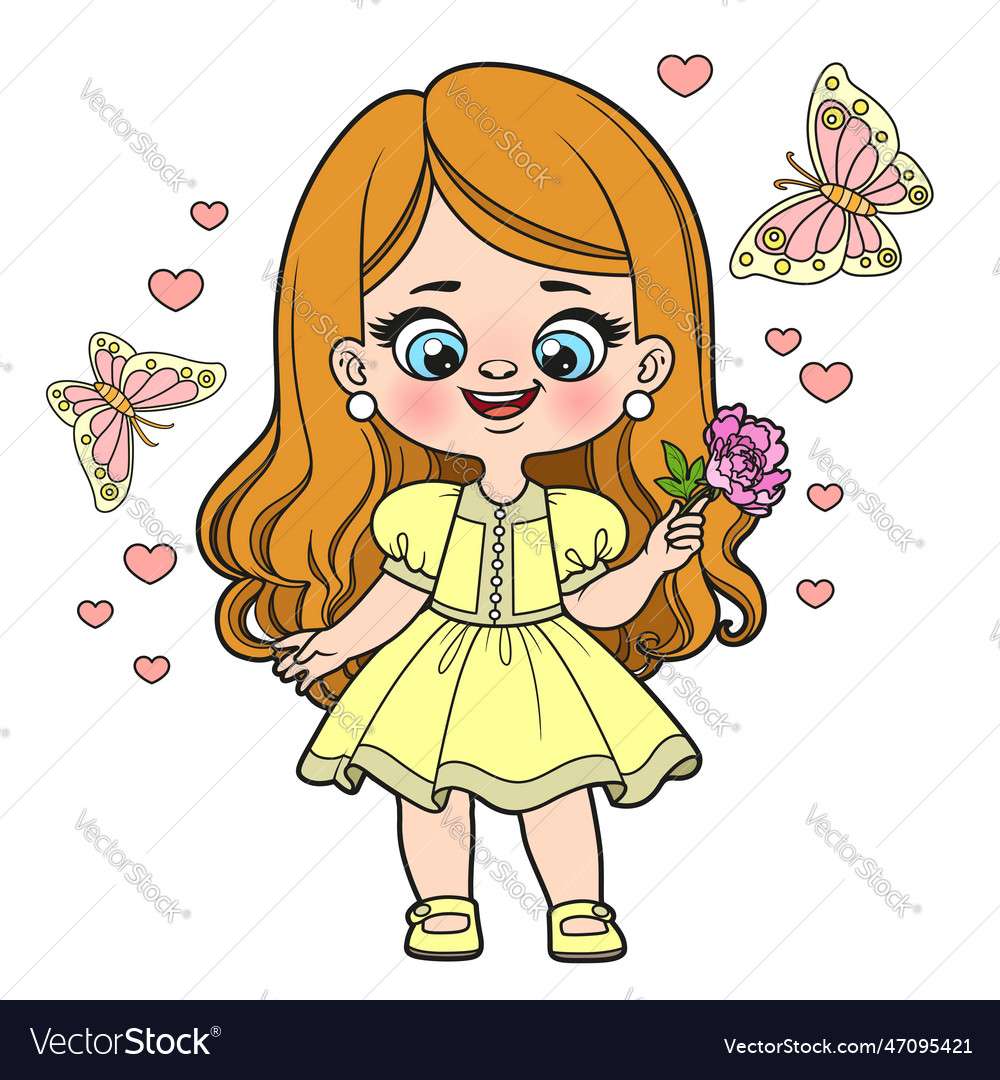 Cute cartoon girl in lush dress with a peony vecto puzzle online