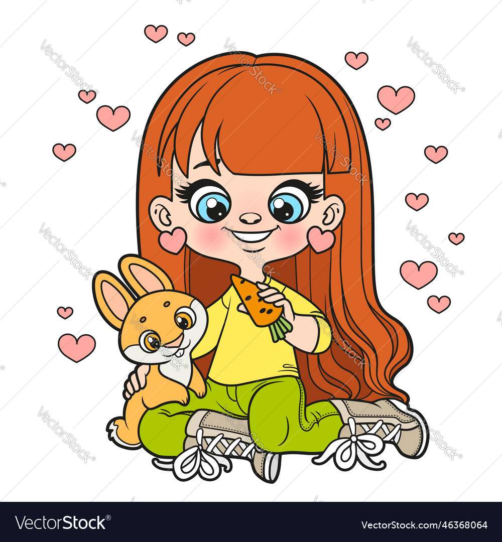 Cute cartoon long haired girl feeding the orange v puzzle online