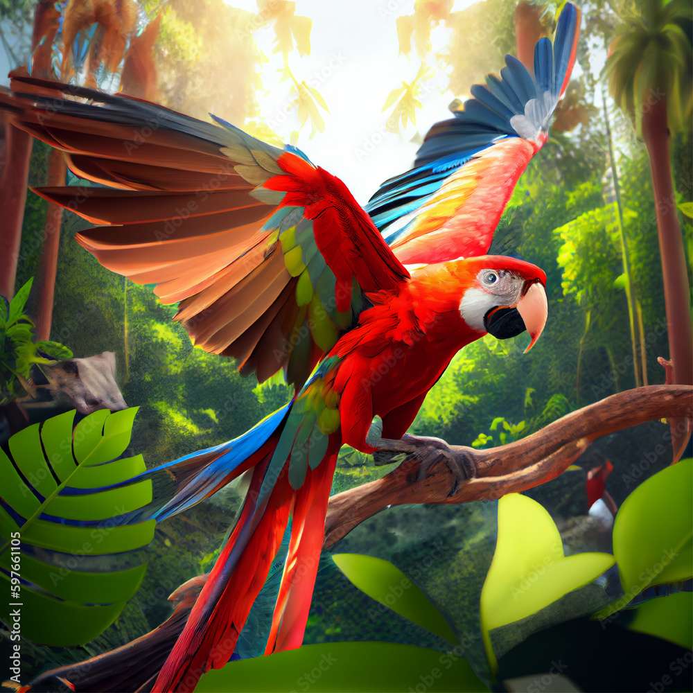 Szkarłatna papuga ara w tropikalnej dżungli puzzle online
