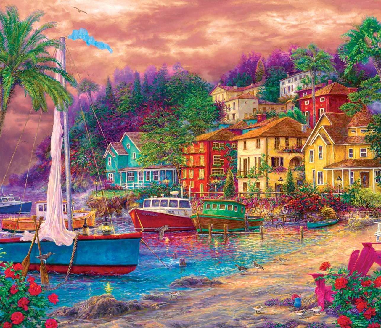 Wybrzeże miasteczka z łodziami puzzle online