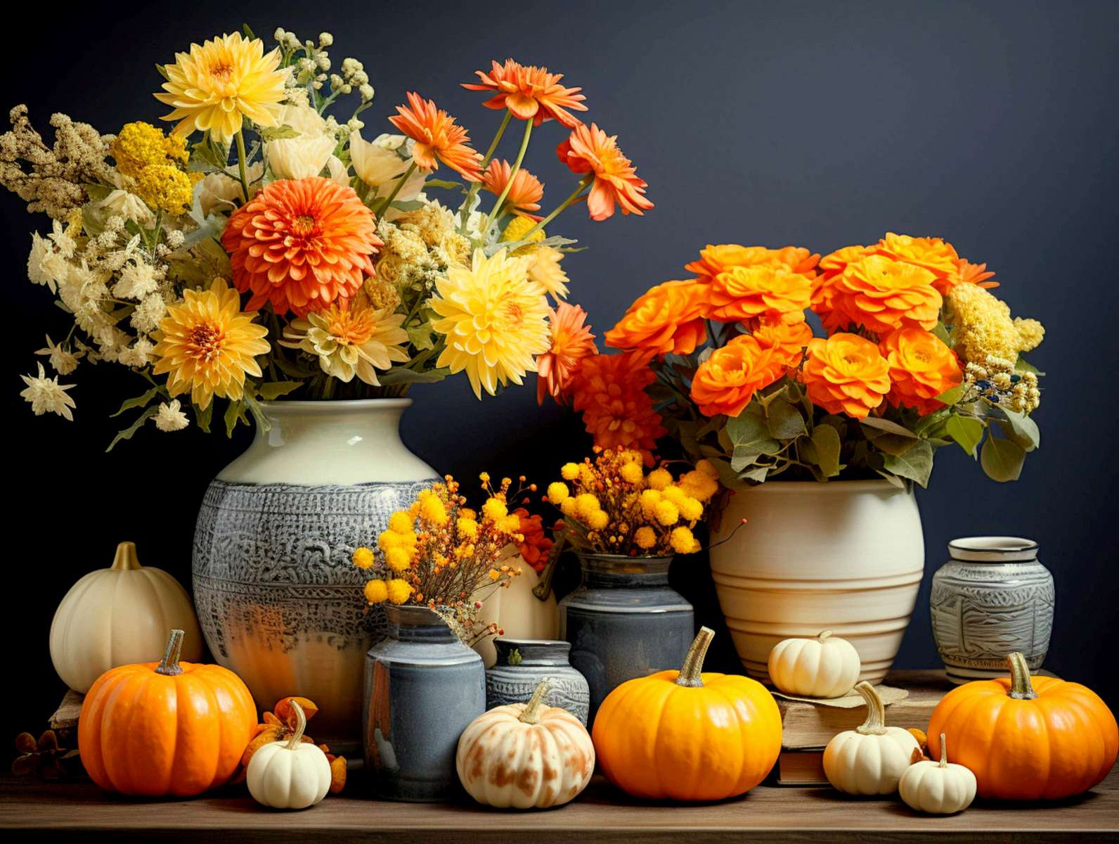 Dekoracja jesienna z kwiatów i dyń puzzle online