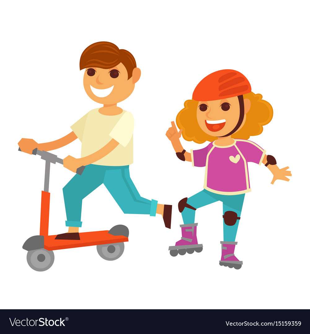 Happy children girl and boy skating roller scooter puzzle online