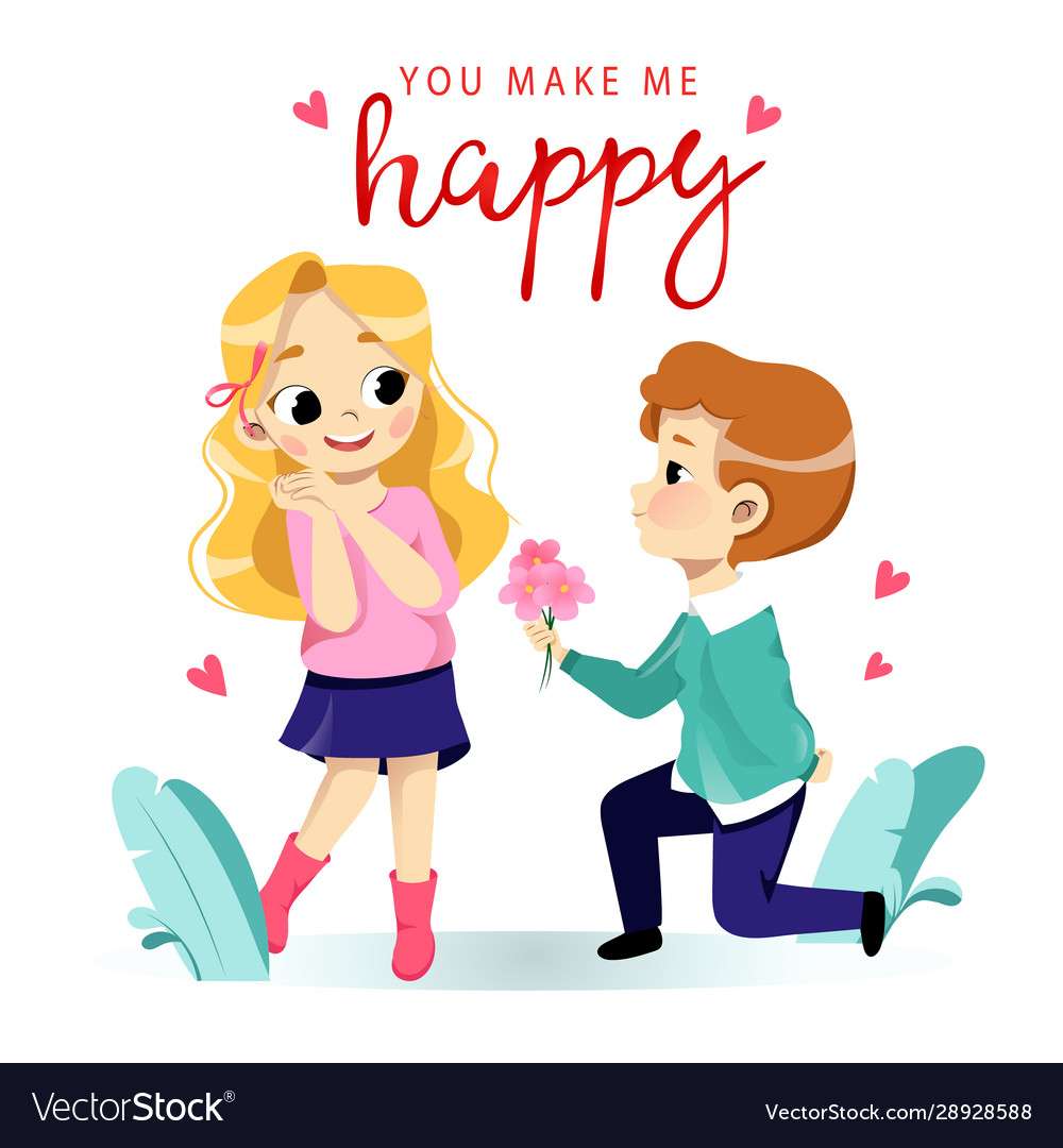 Romantic boy is giving flowers to his girlfriend v puzzle online