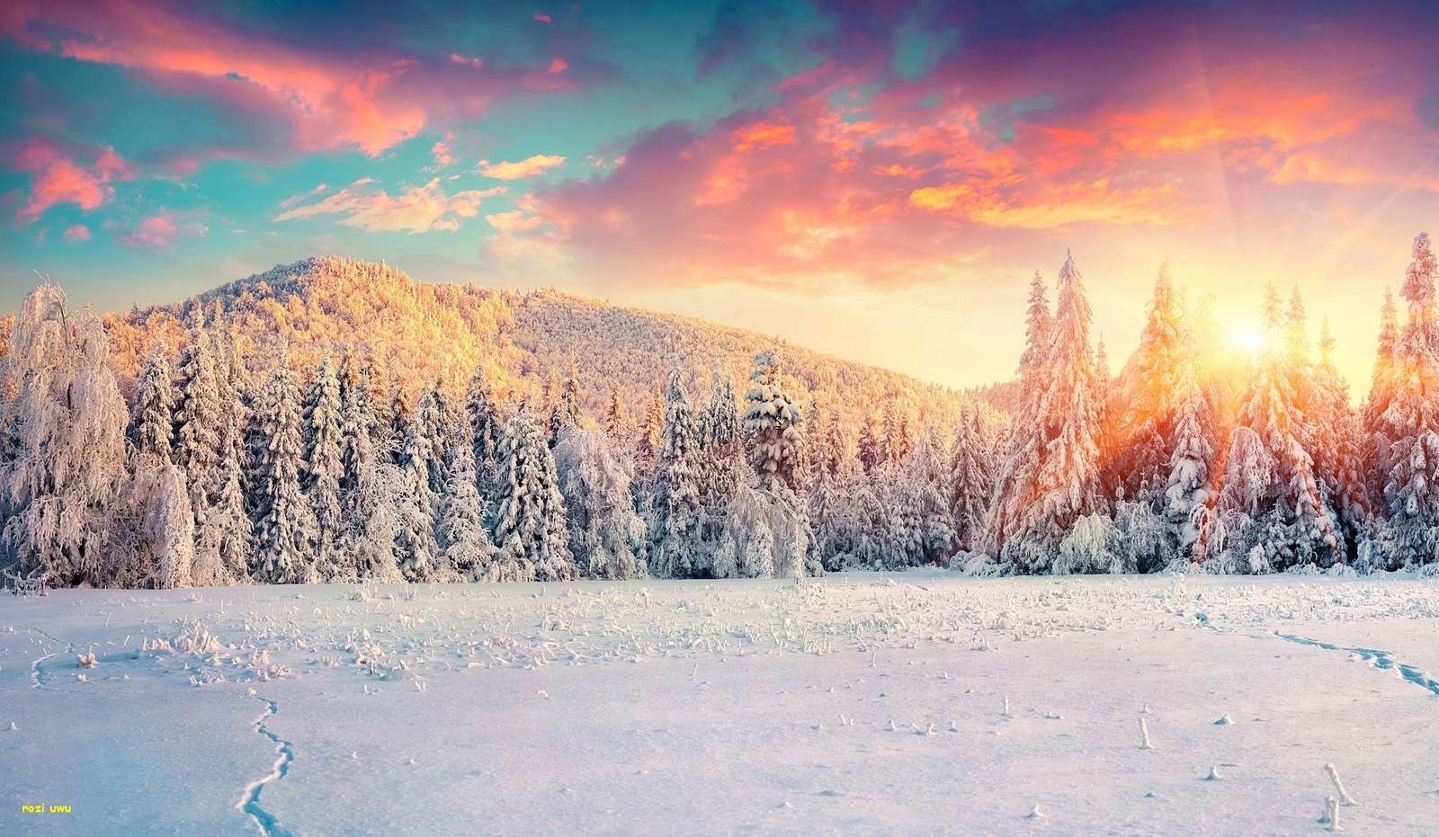 piękny pastelowy zachód słońca w górach puzzle online