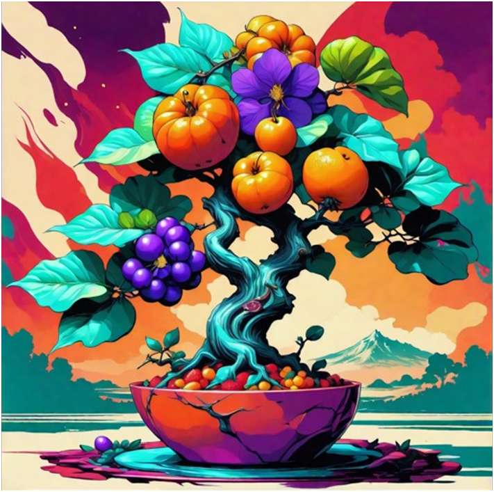 albero con frutti multicolori creato con AI puzzle online