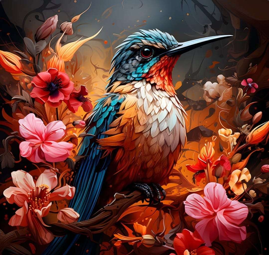kolorowy ptaszek wśród kwiatów puzzle online