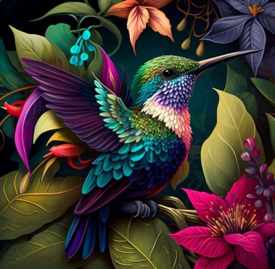 Koliberek pośród bajecznie kolorowych kwiatów puzzle online