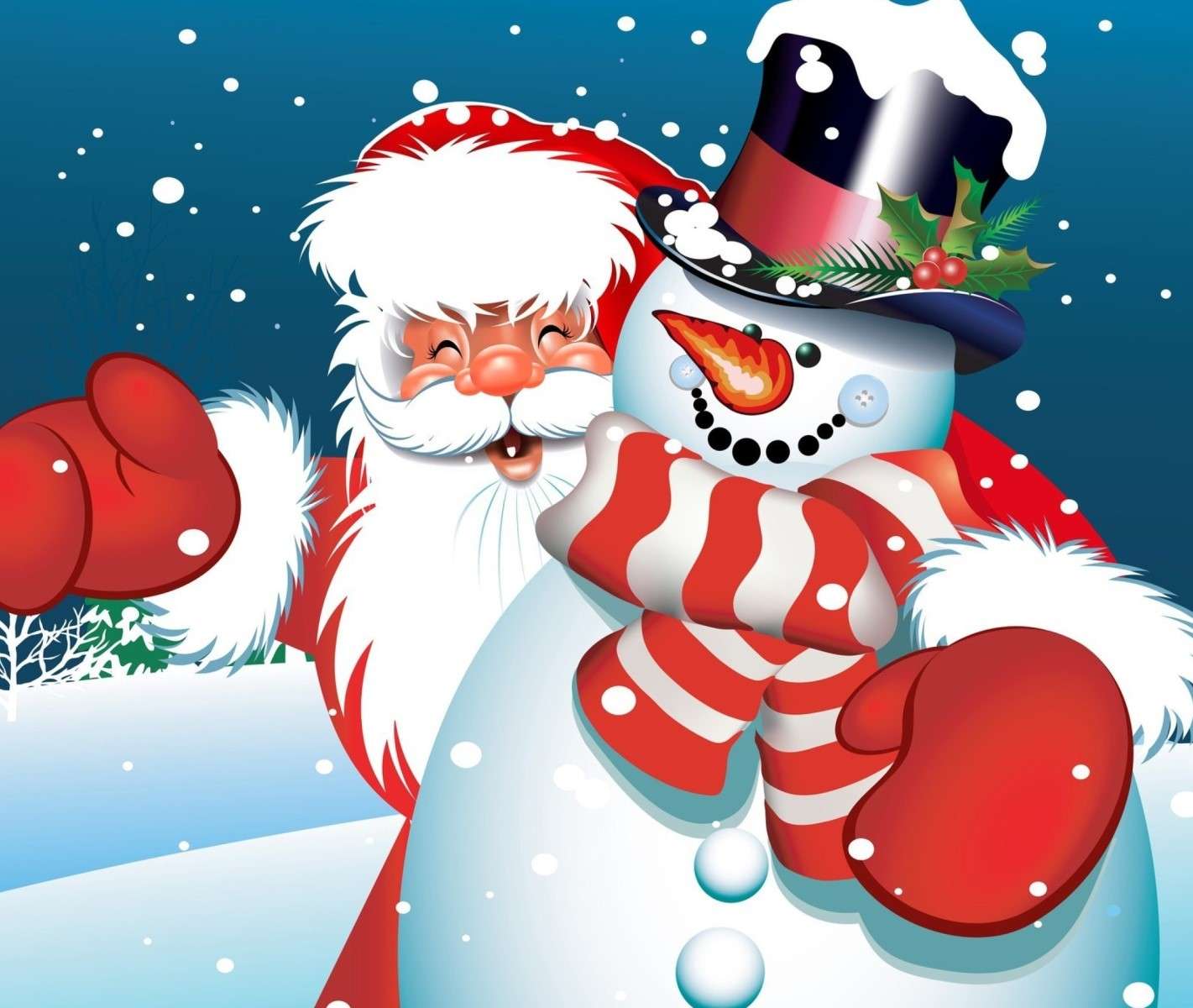 Wesoła pocztówka z Mikołajem i bałwanem puzzle online