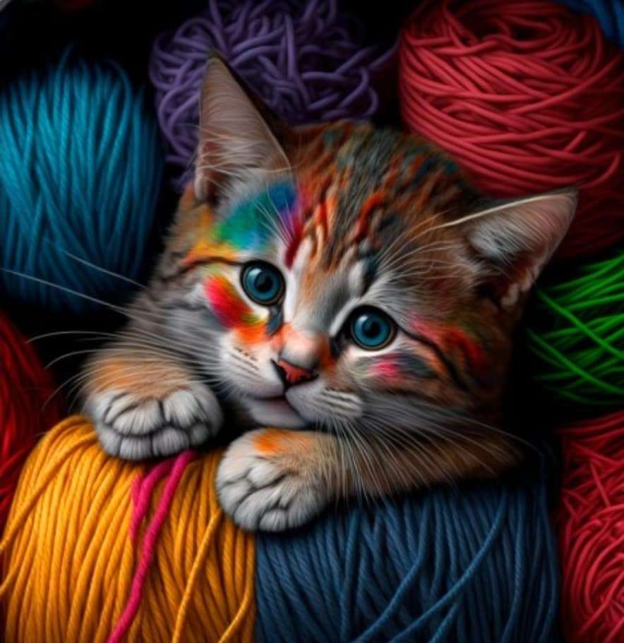 Kotek w kolorowych młotkach włuczki puzzle online