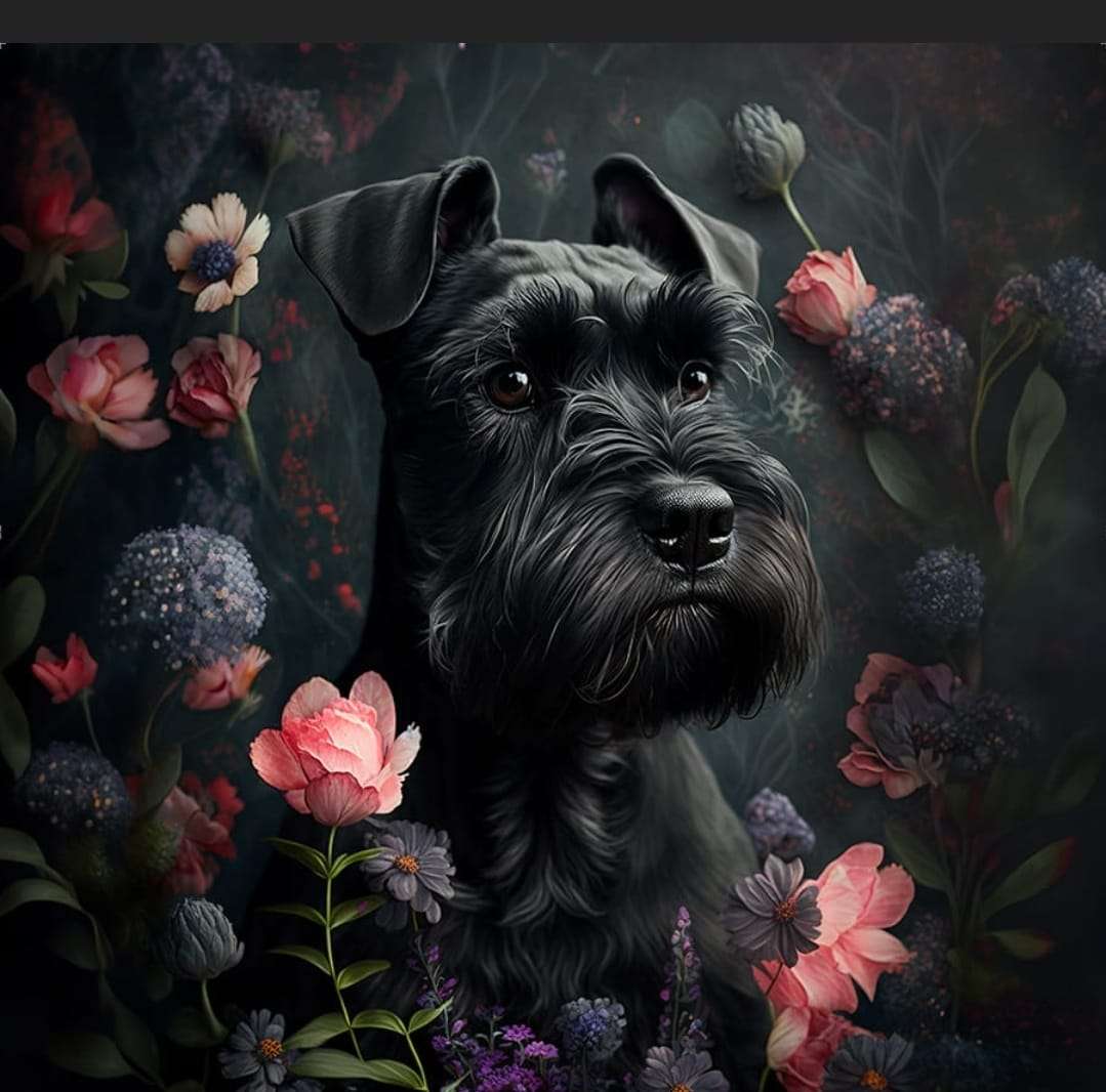 Czarny pies w kwiatach puzzle online