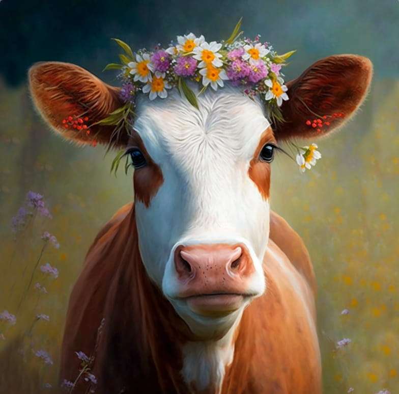 Krowa w wianku z polnych kwiatów puzzle online