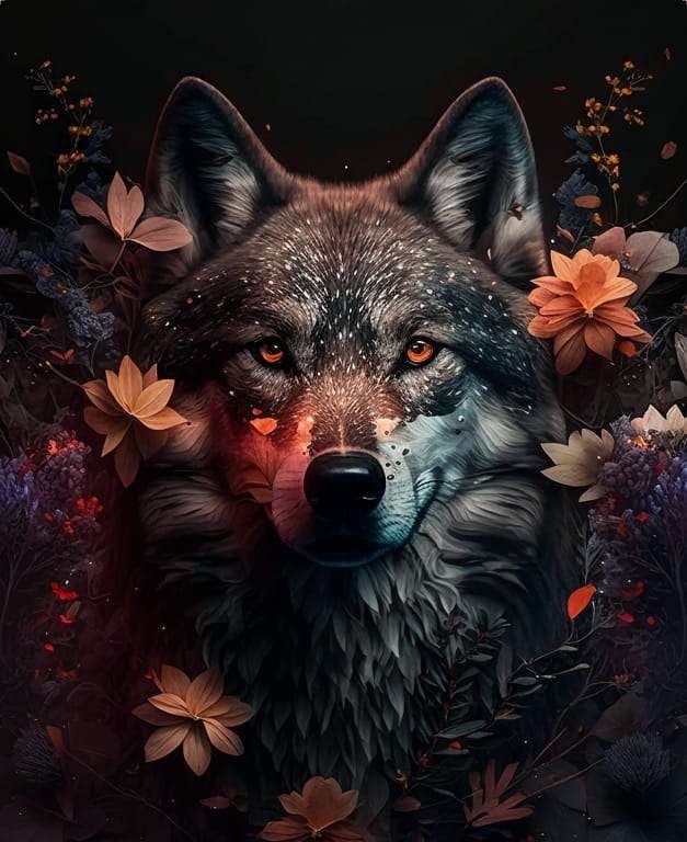czarny wilk w kwiatach puzzle online