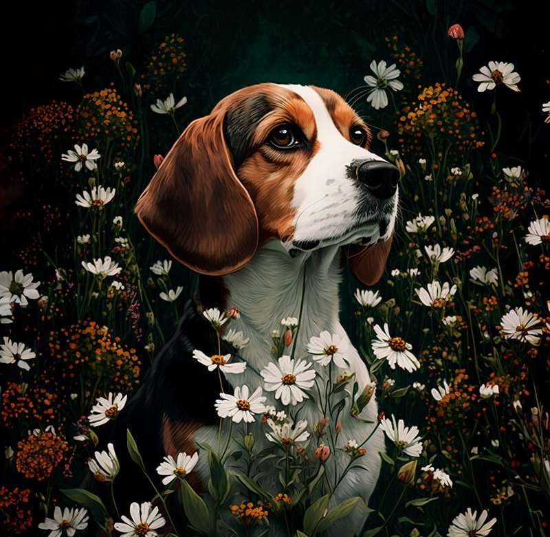 Pies rasy Beagle w kwiatach puzzle online