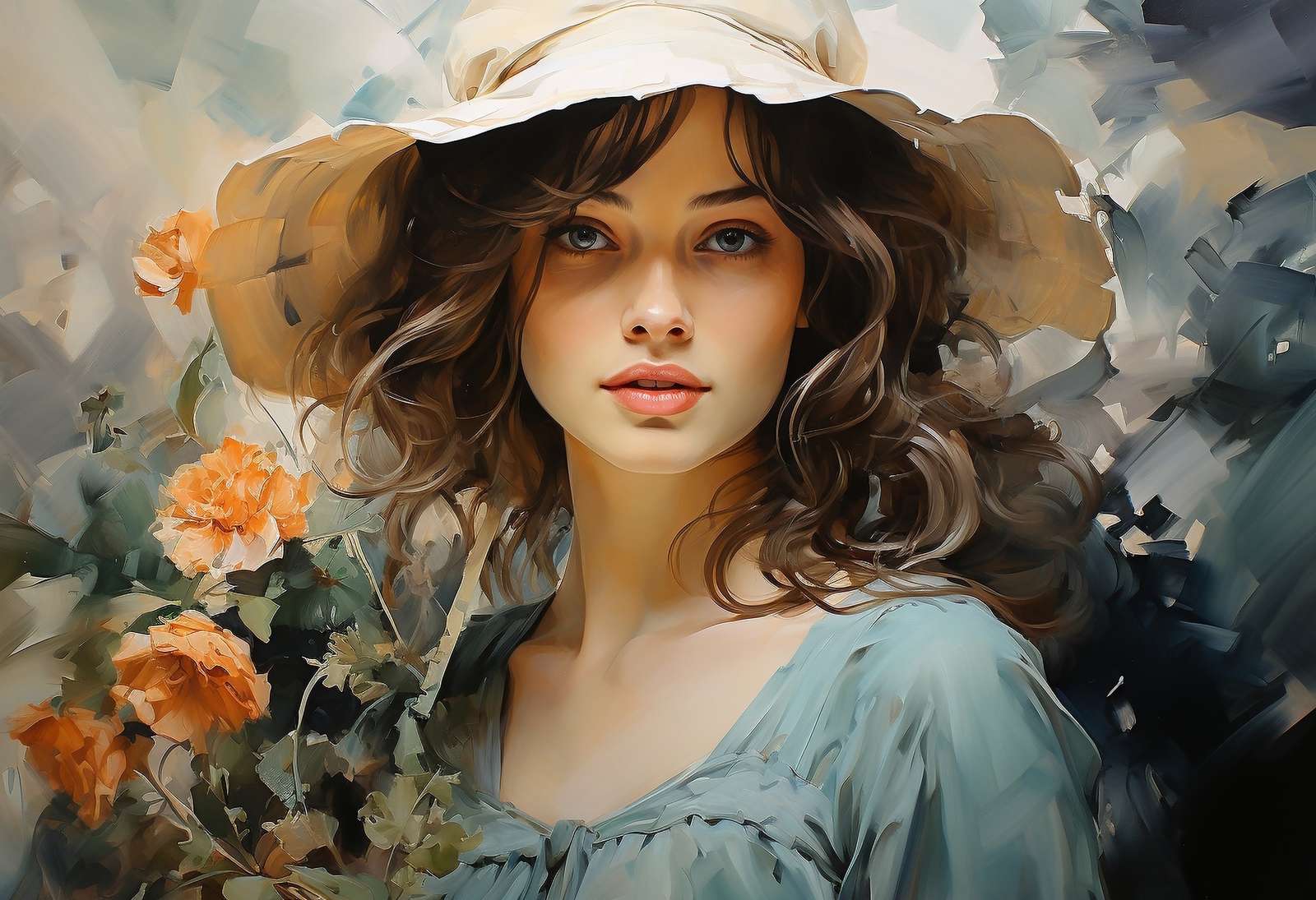 kobieta w kapeluszu z kwiatami puzzle online