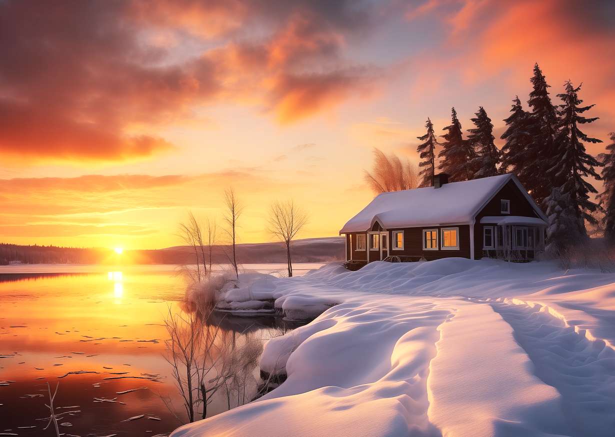 Dom nad jeziorem - pejzaż zimowy puzzle online