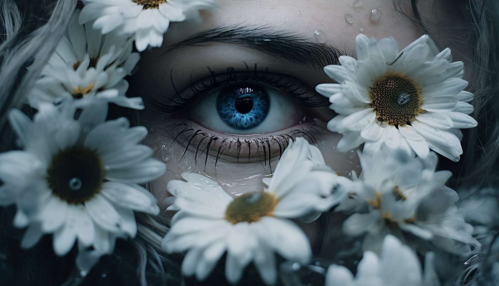 Białe kwiaty wokół niebieskiego oka puzzle online