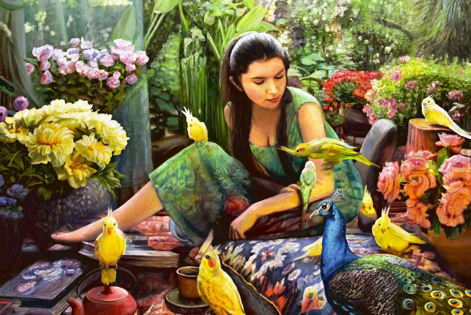 Kobieta w otoczeniu kolorowych kwiatów i ptaków puzzle online