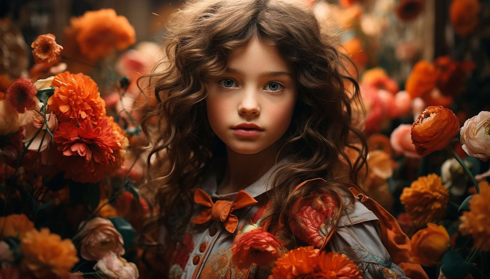 Długowłosa dziewczynka w pomarańczowych kwiatach puzzle online