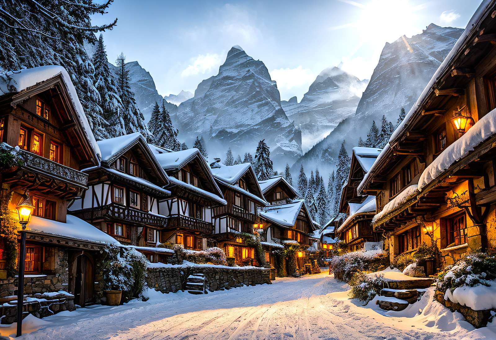 Zima w alpejskim miasteczku puzzle online