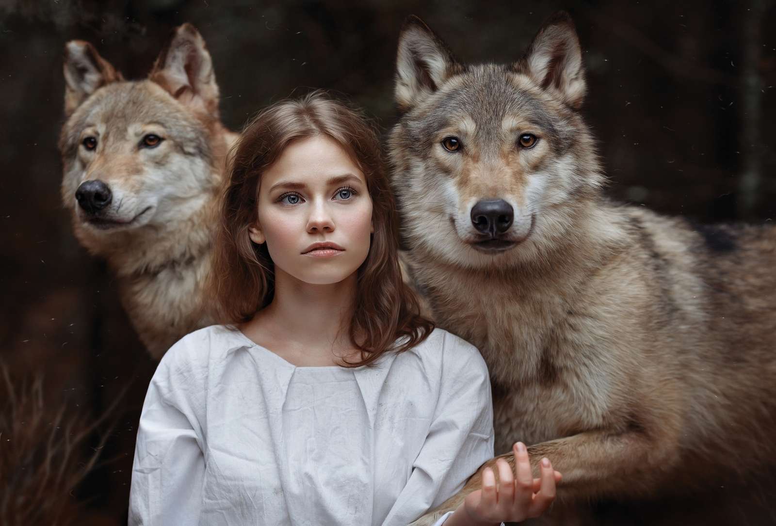 Dziewczyna z dwoma pięknymi wilkami puzzle online