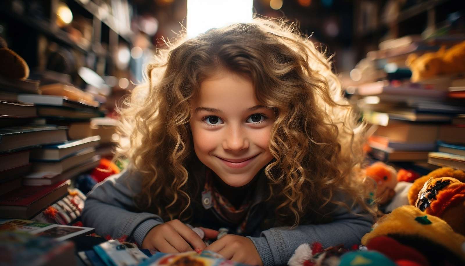 Dziewczynka w lokach na tle książek puzzle online