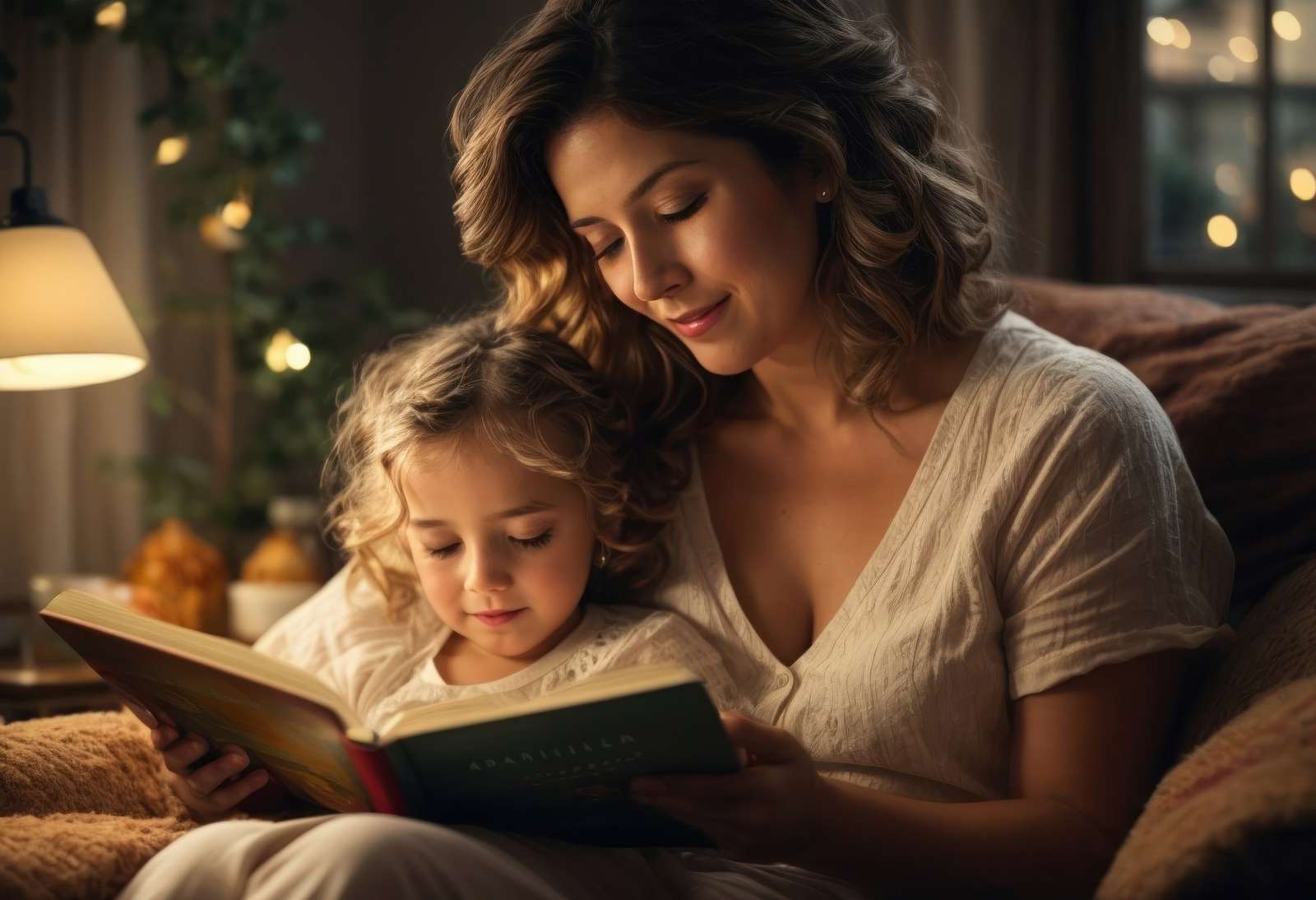 Mama czytająca córce książkę puzzle online
