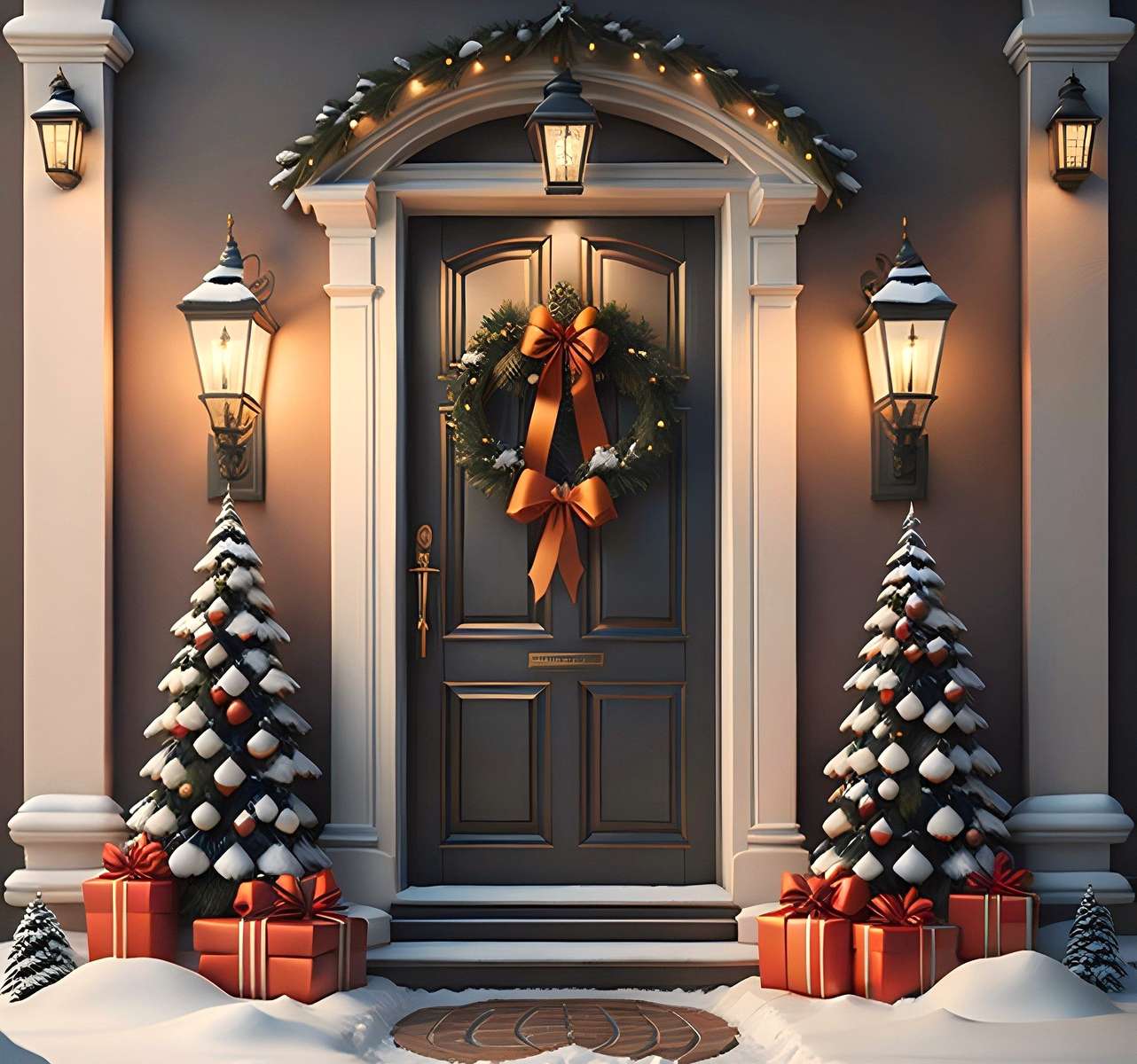 Dekoracje świąteczne przed wejściem do domu puzzle online