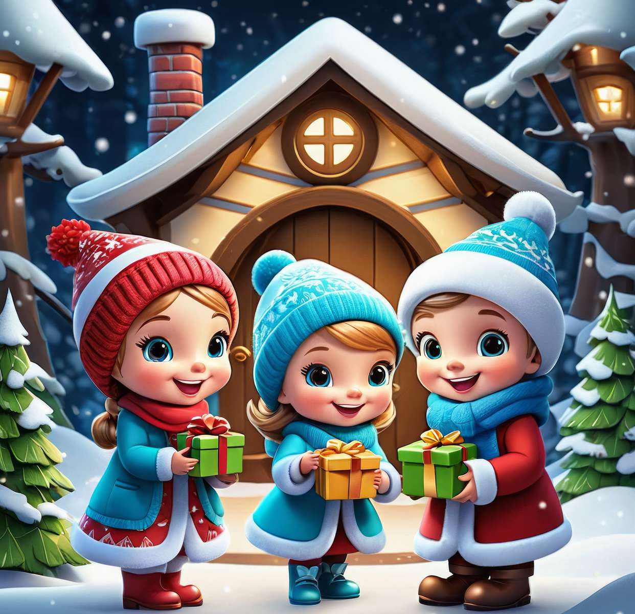 Dzieci z prezentami świątecznymi puzzle online