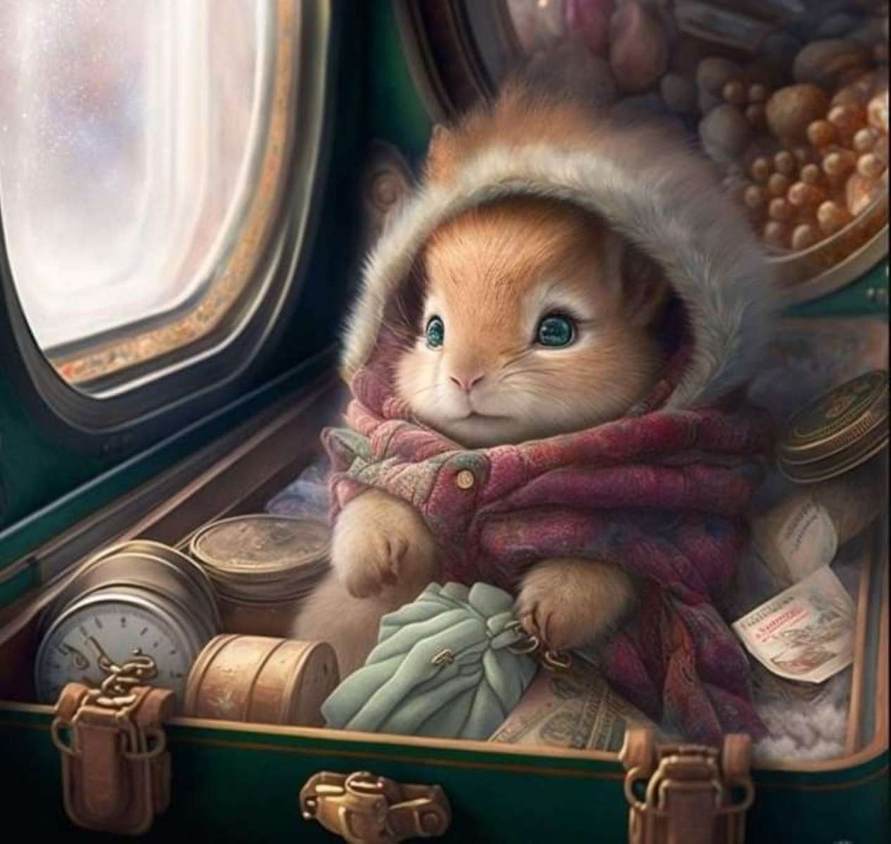 słodki króliczek podróżuje w walizce puzzle online