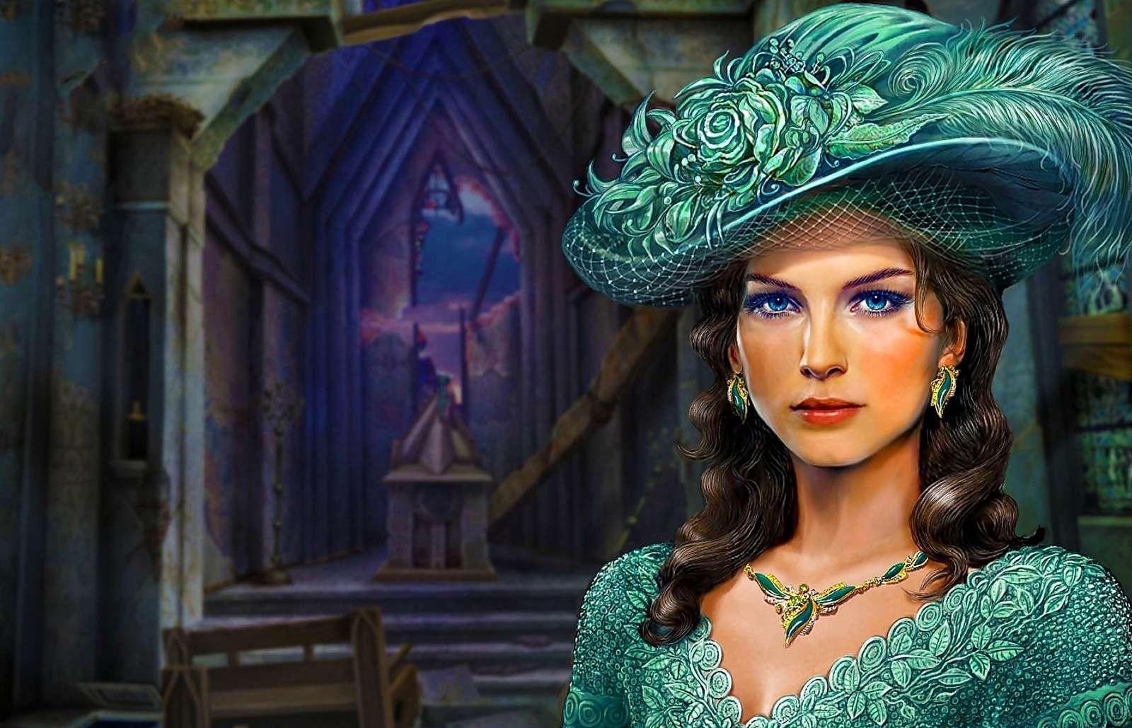 Kobieta w zielonym kapeluszu i biżuterii puzzle online
