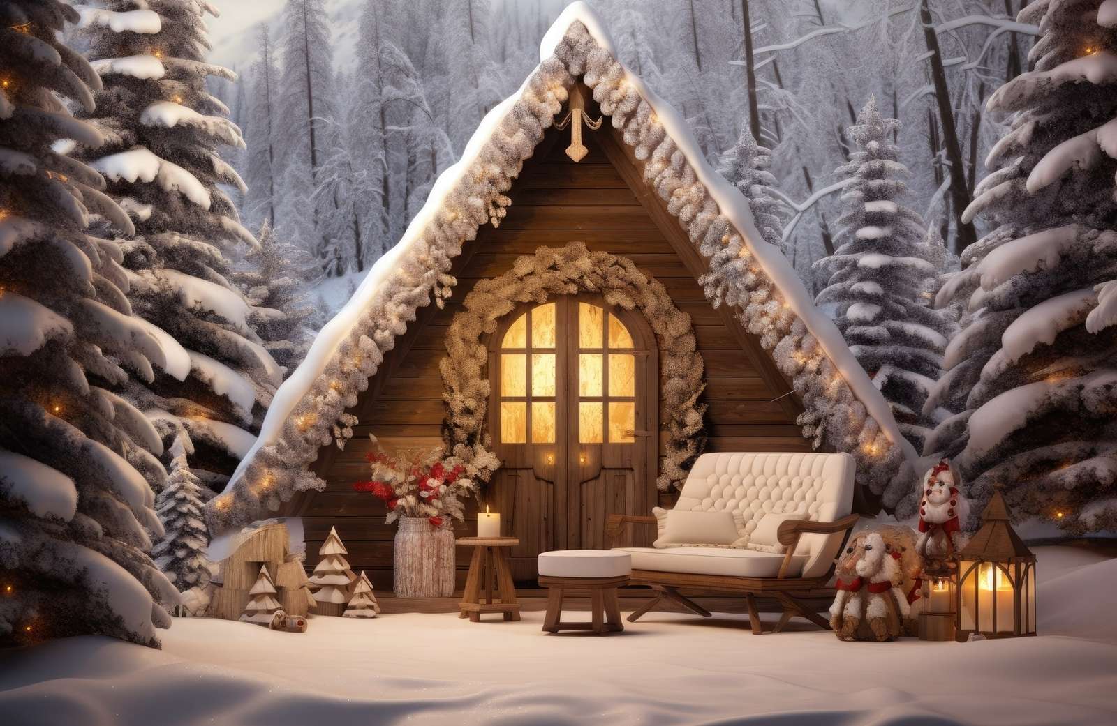Lampion i sofa na śniegu przed oświetlonym domkiem puzzle online