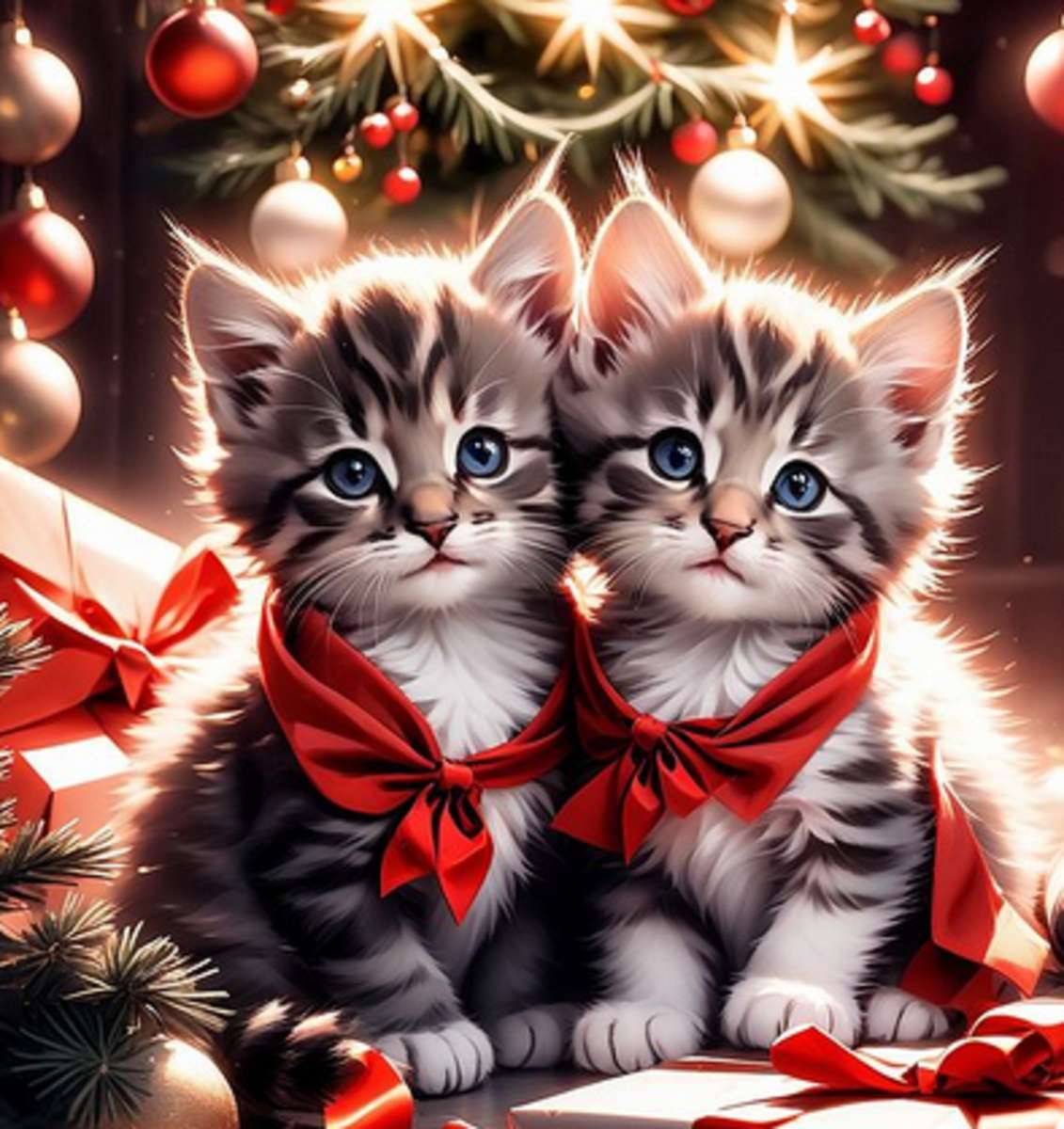 słodkie świąteczne kotki i bombki puzzle online