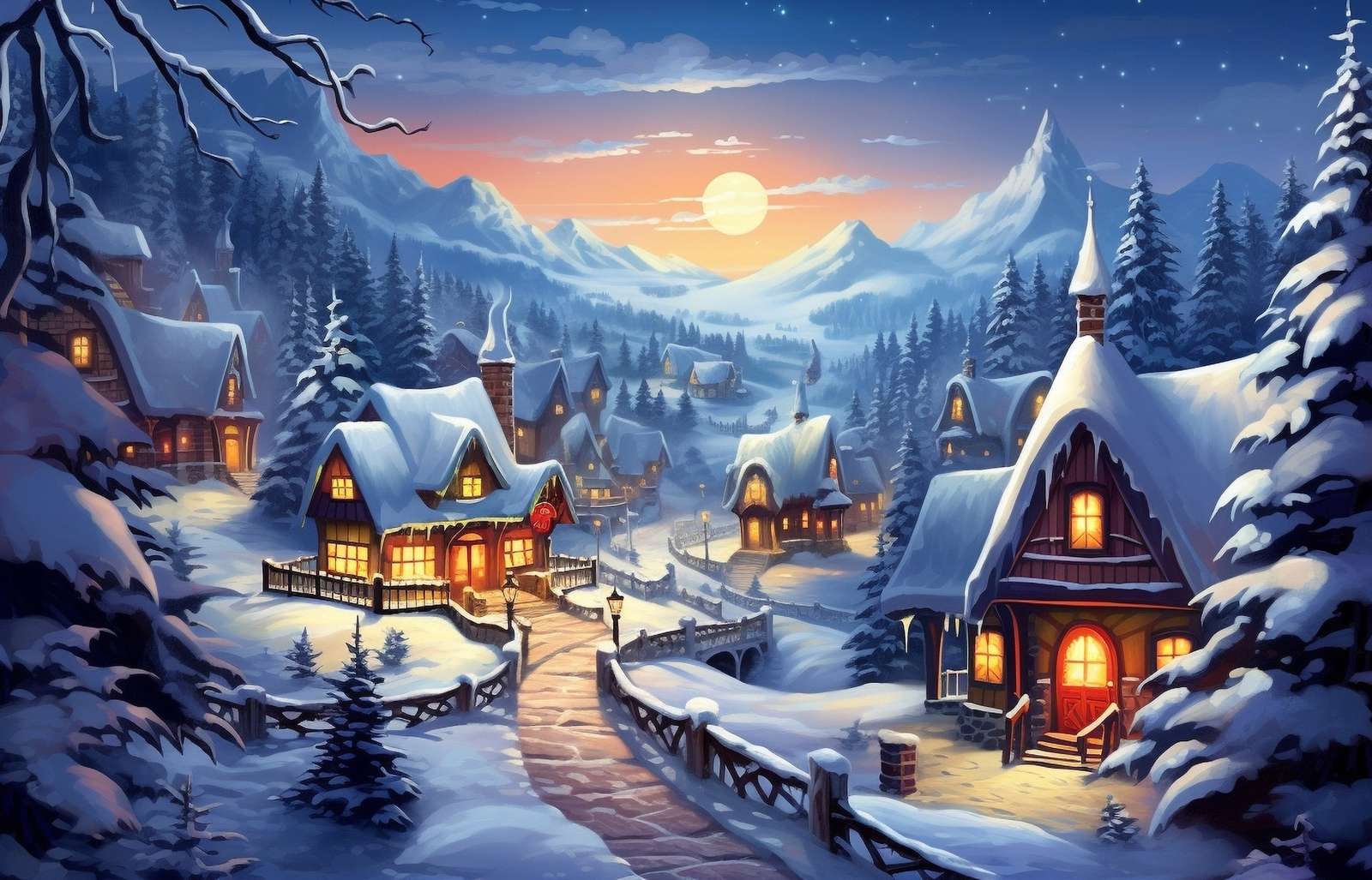 Oświetlone domki w zimowej dolinie górskiej puzzle online